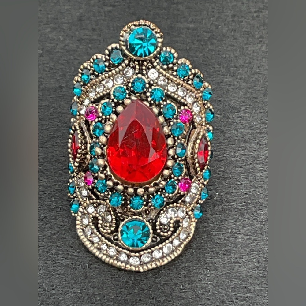 Vintage Turkish Red Crystal Turquoise CZ Statement Ring Gold Rare Luxe Boho